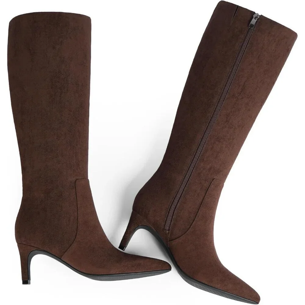 Women's Chocolate Tall Boots Pointed Toe Kitten Heel Side Zipper Knee High Boots